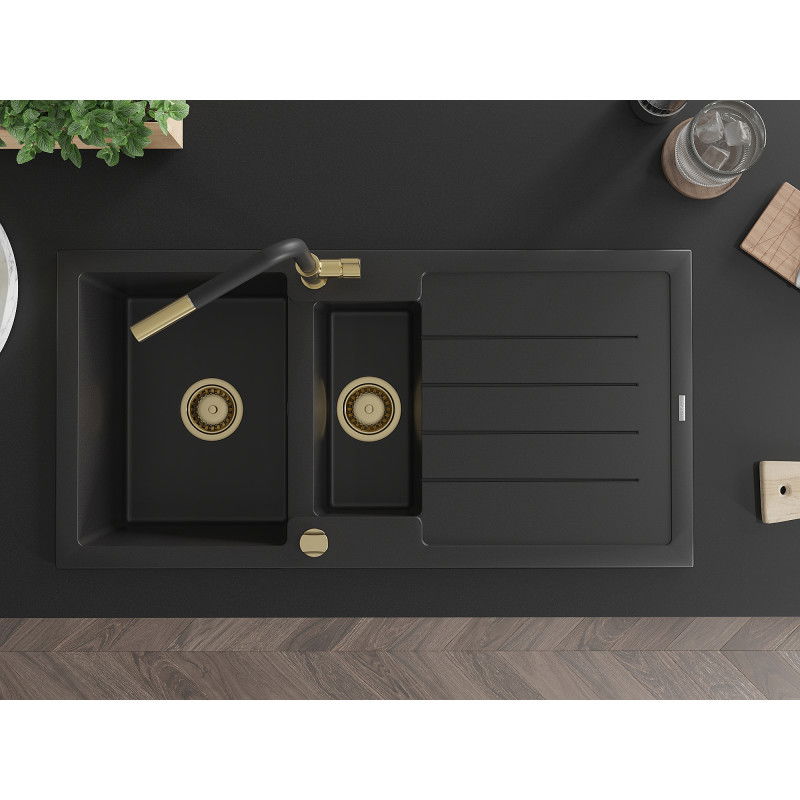 Mexen Andres гранитна мивка с 1,5 камери с отцедник и смесител Flora, черен - 6515-77-670401-57-G