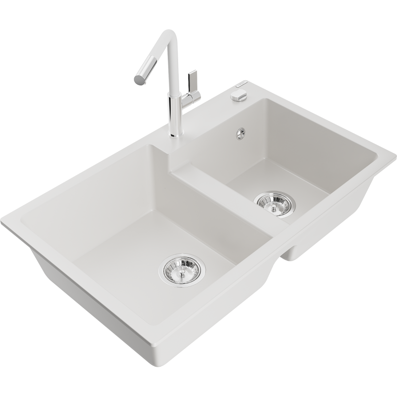 Mexen Tomas гранитна кухненска мивка с 2 отделения и кухненски смесител Flora,