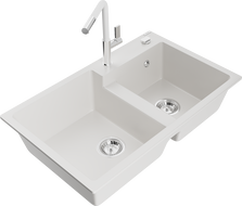 Mexen Tomas гранитна кухненска мивка с 2 отделения и кухненски смесител Flora,