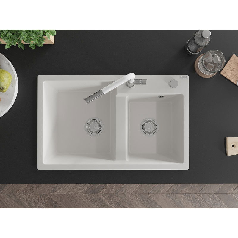 Mexen Tomas гранитна кухненска мивка с 2 отделения и кухненски смесител Flora,