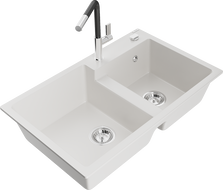 Mexen Tomas гранитна мивка с 2 камери и кухненски смесител Flora, бял - 6516-20-670401-07