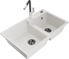 Mexen Tomas гранитна двукоритна мивка с кухненски смесител Flora, бял - 6516-20-670401-07-B