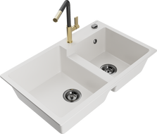 Mexen Tomas двоен кухненски гранитен мивка с кухненски смесител Flora, бял - 6516-20-670401-57-B