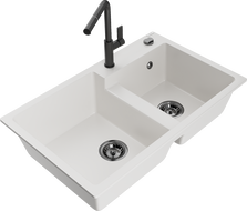 Mexen Tomas гранитна мивка с 2 отделения и кухненски смесител Flora, бял - 6516-20-670401-70-B