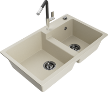 Mexen Tomas двоен гранитен мивка с кухненски смесител Flora, бежов - 6516-69-670401-07-B