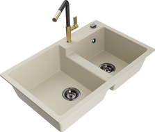 Mexen Tomas кухненска мивка от гранит с 2 отделения и кухненски смесител Flora, бежов - 6516-69-670401-57-B