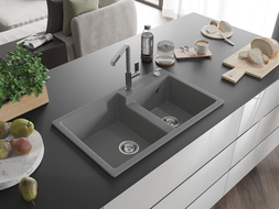 Mexen Tomas гранитна мивка с 2 купи и кухненски смесител Flora, сив - 6516-71-670401-06