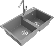 Mexen Tomas гранитна кухненска мивка с 2 корита и кухненски смесител Flora, сиво - 6516-71-670401-06
