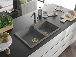 Mexen Tomas гранитна кухненска мивка с 2 отделения и кухненски смесител Flora, сива - 6516-71-670401-57-G