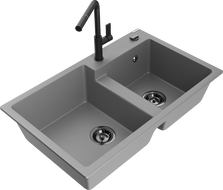 Mexen Tomas гранитна мивка с 2 камери с кухненски смесител Flora, сив - 6516-71-670401-70-B