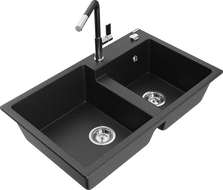 Mexen Tomas мивка от гранит с 2 камери и кухненски смесител Flora, черно/сребърен металик - 6516-73-670401-07