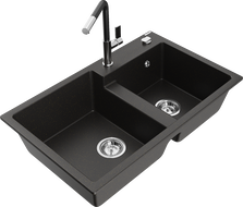 Mexen Tomas гранитна мивка с 2 камери с кухненски смесител Flora, черен/златист металик - 6516-75-670401-07