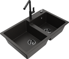 Mexen Tomas гранитна кухненска мивка с 2 камери и кухненски смесител Flora, черен/златен металик - 6516-75-670401-70-B