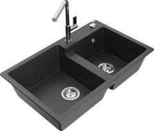 Mexen Tomas гранитна мивка с 2 отделения с кухненски смесител Flora, черна с пръски - 6516-76-670401-00