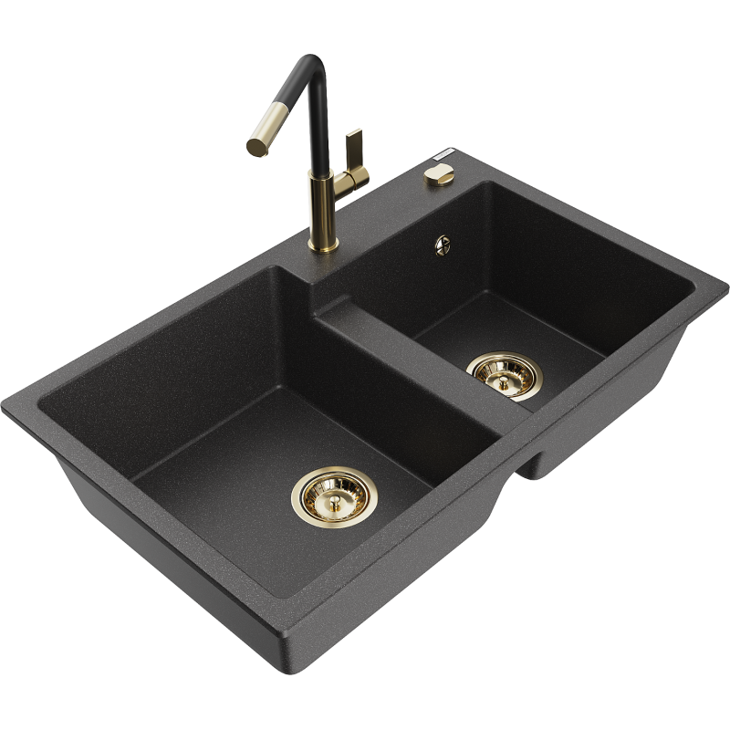 Mexen Tomas гранитна мивка с 2 отделения с кухненски смесител Flora, черно