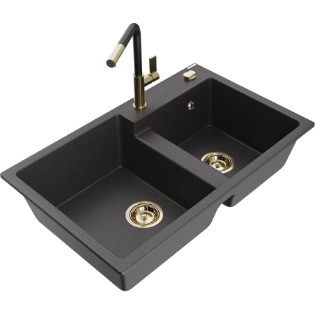 Mexen Tomas гранитна мивка с 2 отделения с кухненски смесител Flora, черно