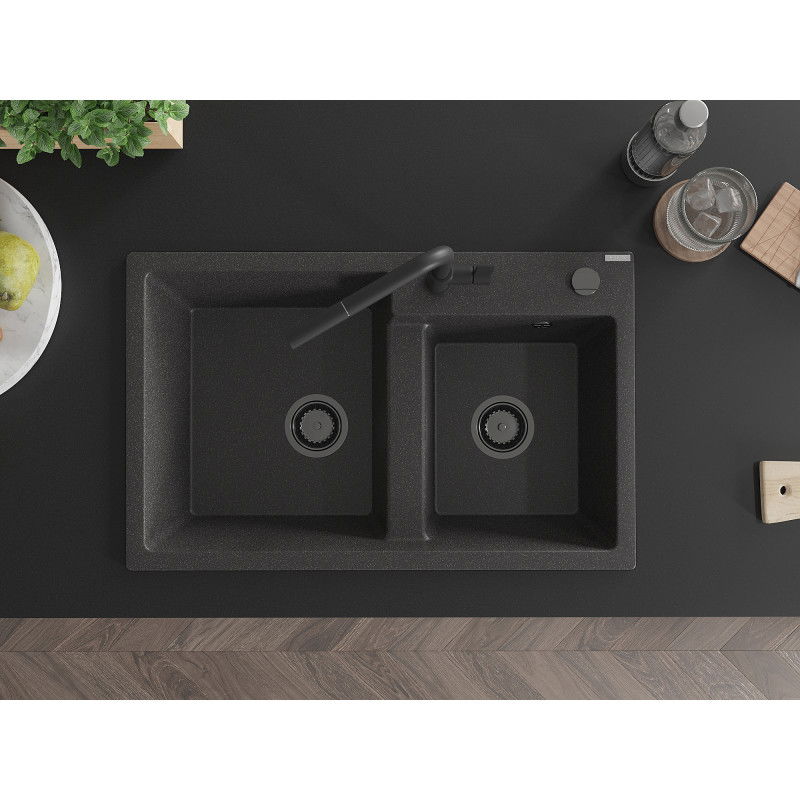 Mexen Tomas двоен гранитен кухненски мивка с кухненски смесител Flora, черен с пръски - 6516-76-670401-70-B