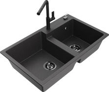 Mexen Tomas двоен гранитен кухненски мивка с кухненски смесител Flora, черен с пръски - 6516-76-670401-70-B