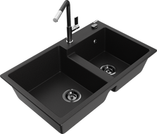 Mexen Tomas гранитна мивка с 2 камери и кухненски смесител Flora, черен - 6516-77-670401-07-B