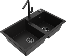 Mexen Tomas двоен мивник от гранит с кухненски смесител Flora, черен - 6516-77-670401-70-B