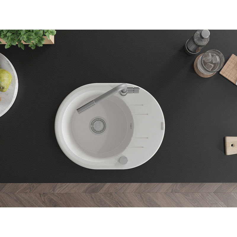 Mexen Kevin гранитна мивка с 1 корито с отцедник и кухненски смесител Flora, бял - 6517-20-670401-06