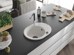 Mexen Kevin гранитна мивка с 1 отделение с отцедник и кухненски смесител Flora, бял - 6517-20-670401-07-B