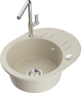 Mexen Kevin гранитна мивка с 1 камера, с отцедник и кухненски смесител Flora, бежов - 6517-69-670401-00