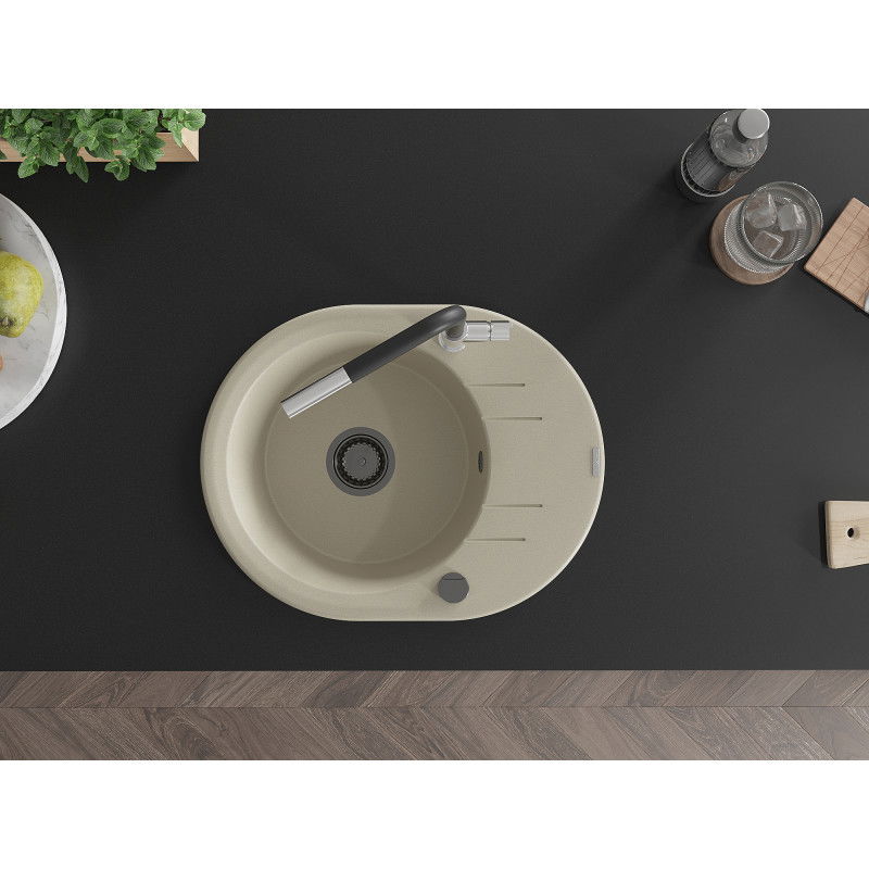 Mexen Kevin гранитна мивка с една камера с отцедник и кухненски смесител Flora, бежов - 6517-69-670401-07-B