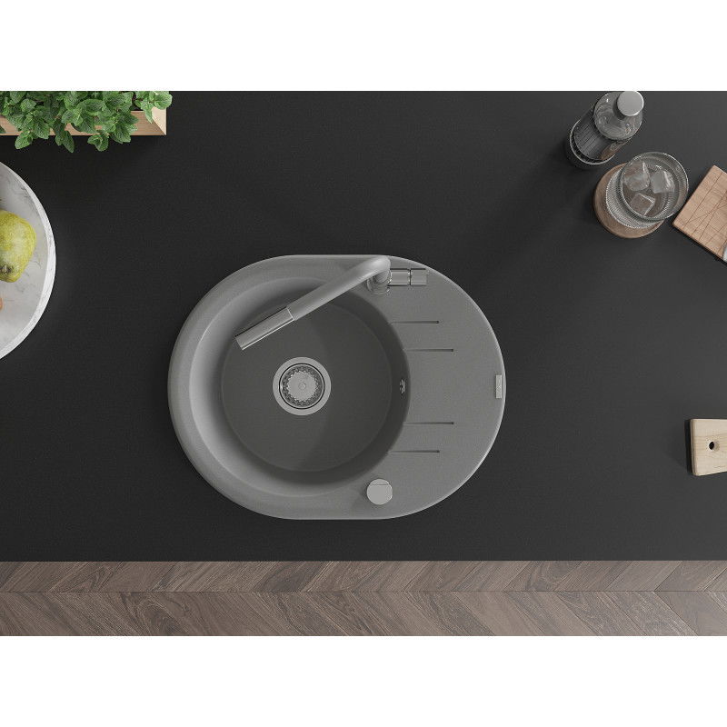 Mexen Kevin гранитна мивка с 1 камера с отцедник и кухненски смесител Flora, сива - 6517-71-670401-06