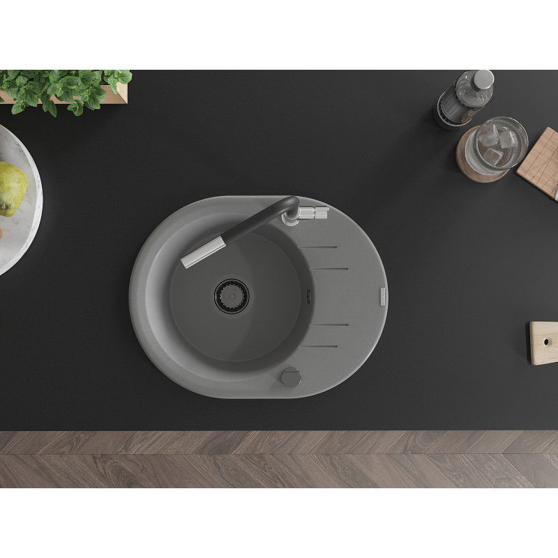 Mexen Kevin гранитна мивка с 1 отделение с отцедник и кухненски смесител Flora, сив - 6517-71-670401-07-B