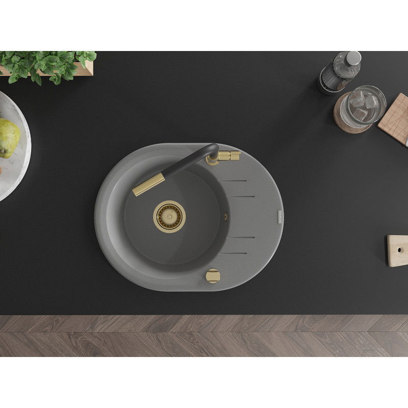 Mexen Kevin гранитна мивка с 1 корито с отцежник и кухненски смесител Flora, сив - 6517-71-670401-57-G