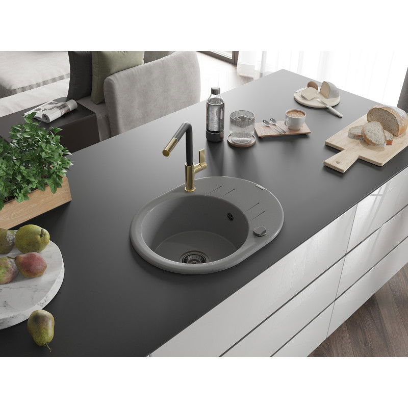 Mexen Kevin гранитна мивка с 1 отделение с отцедник и кухненски смесител Flora, сив - 6517-71-670401-57-B