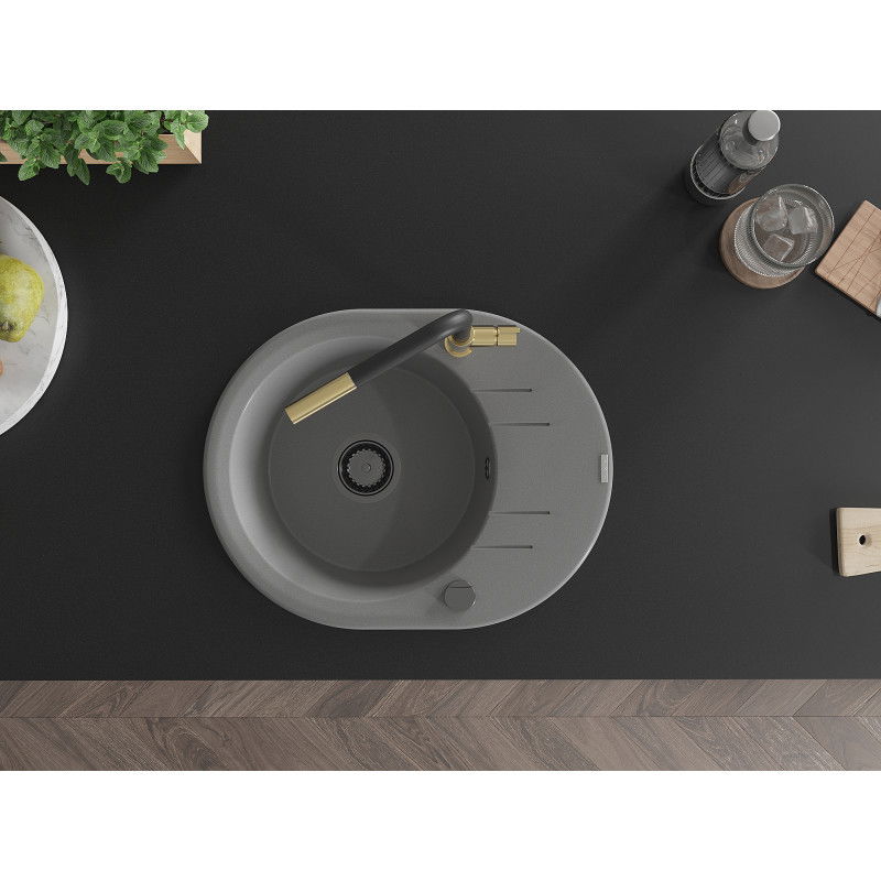 Mexen Kevin гранитна мивка с 1 отделение с отцедник и кухненски смесител Flora, сив - 6517-71-670401-57-B