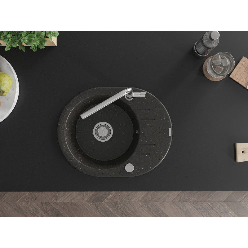 Mexen Kevin гранитна мивка с 1 отделение с отцедник и кухненски смесител Flora, черен/златист металик - 6517-75-670401-00