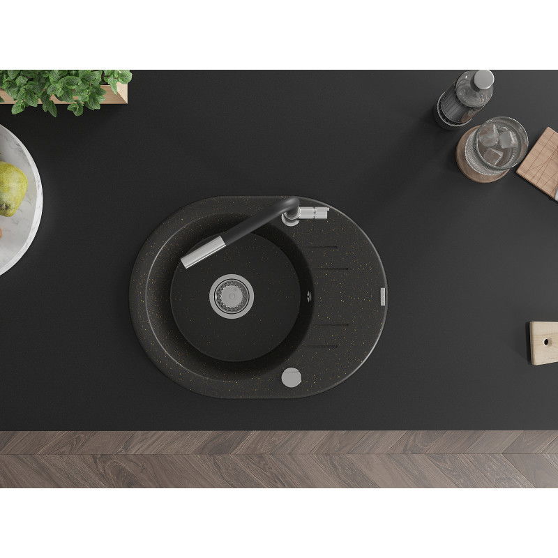 Mexen Kevin еднокоморна кухненска мивка с отцедник и кухнянски смесител Flora, черен/златен металик - 6517-75-670401-07