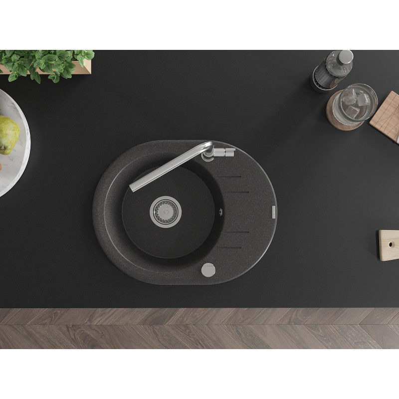 Mexen Kevin еднокоморна гранитна мивка с отцедник и кухненска батерия Flora, черен на петна - 6517-76-670401-00