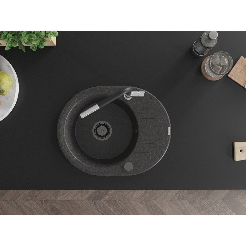 Mexen Kevin гранитна мивка с една камера с отцедник и кухненски смесител Flora, черен накрапан - 6517-76-670401-07-B