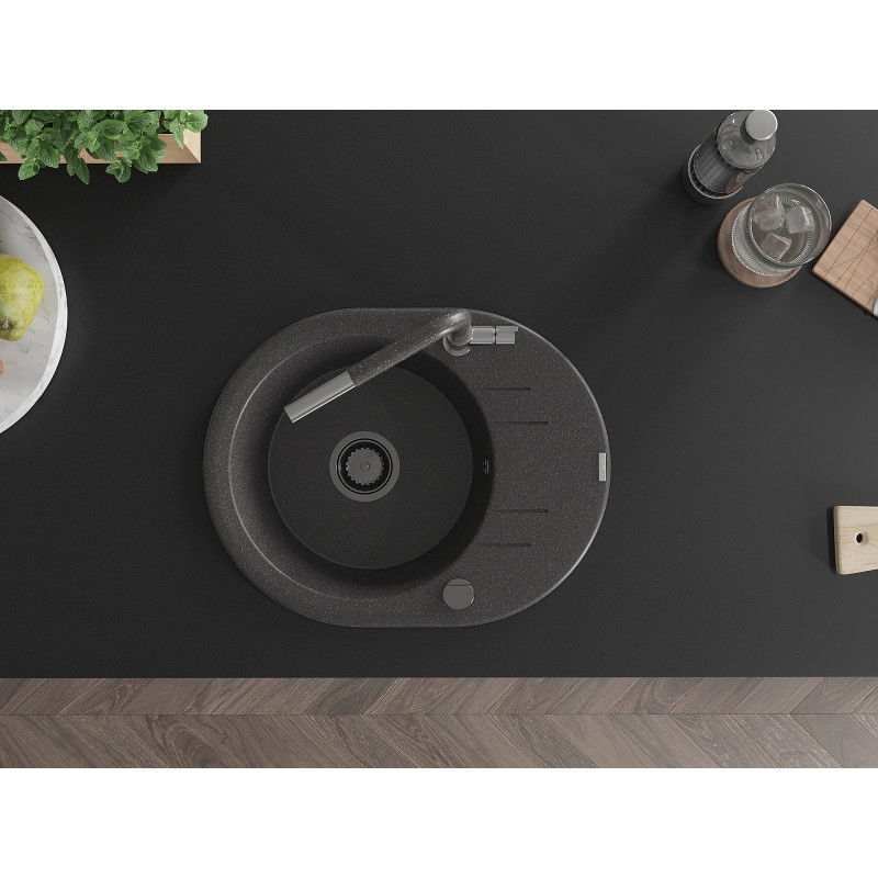 Mexen Kevin гранитна мивка с 1 отделение с отцедник и кухненски смесител Flora, черен на петна - 6517-76-670401-08-B