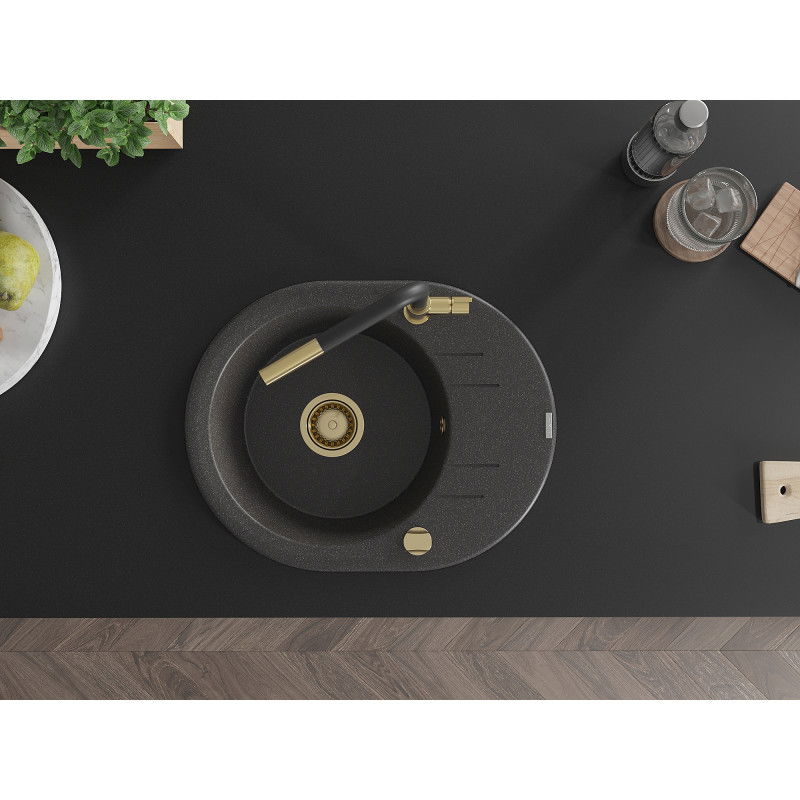 Mexen Kevin гранитна кухненска мивка с 1 отделение с отцедник и кухненски смесител Flora, черен с пръски - 6517-76-670401-57-G