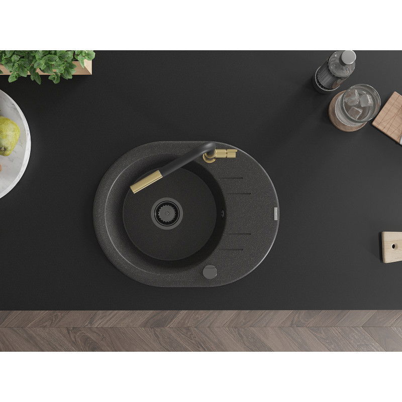 Mexen Kevin гранитна мивка с 1 корито с дренаж и кухненски смесител Flora, черен петнист - 6517-76-670401-57-B