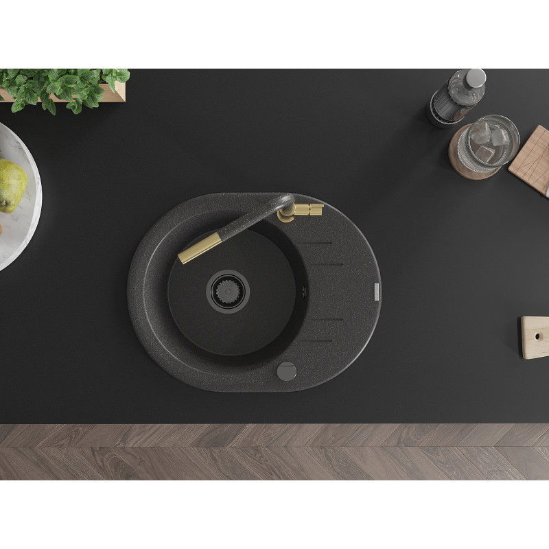 Mexen Kevin еднокоморна мивка от гранит с отцедник и кухненски смесител Flora, черен на пръски - 6517-76-670401-75-B