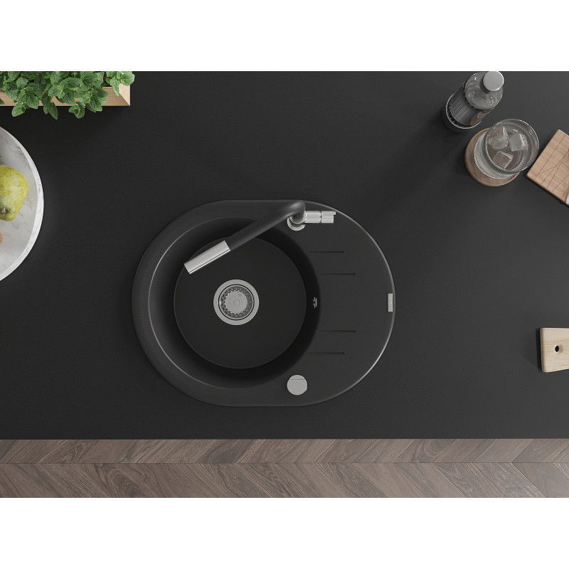 Mexen Kevin гранитна мивка с 1 отделение с отцедник и кухненски смесител Flora, черен - 6517-77-670401-07