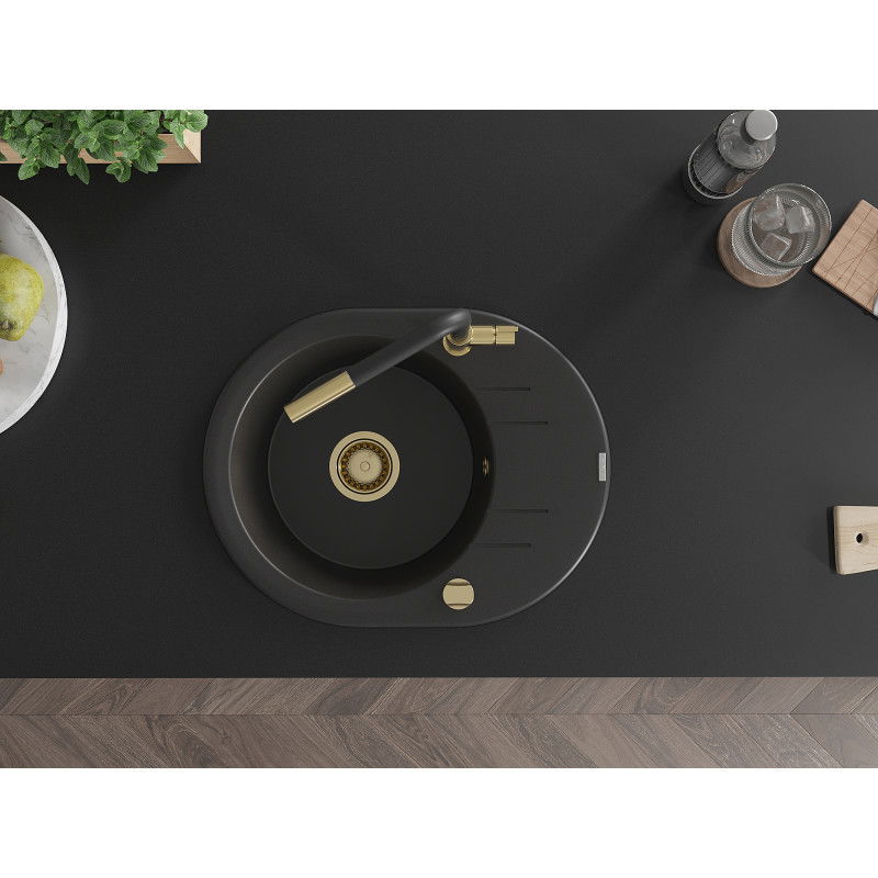 Mexen Kevin гранитна мивка с 1 отделение и дренаж и кухненски смесител Flora, черен - 6517-77-670401-57-G