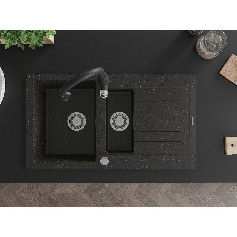 Mexen Matias гранитна мивка 1,5-камерна с отцедник и кухненски кран Savita, черно/златно - 6502-75-672601-70