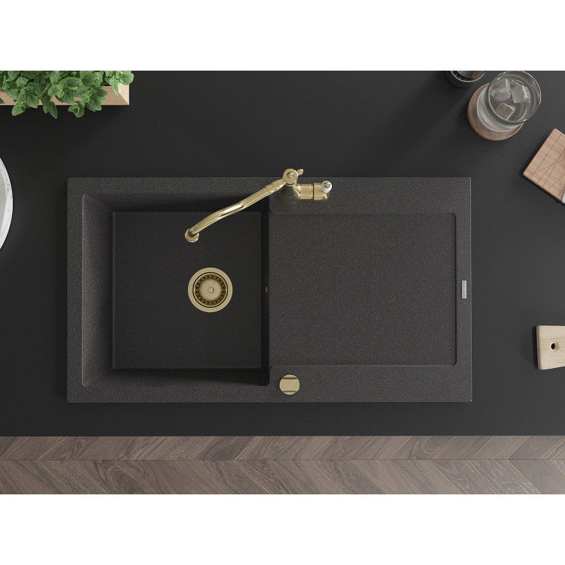 Mexen Leo гранитна мивка с 1 корито с отцедник и кухненски смесител Carla, черен накрапан - 6501-76-670700-50
