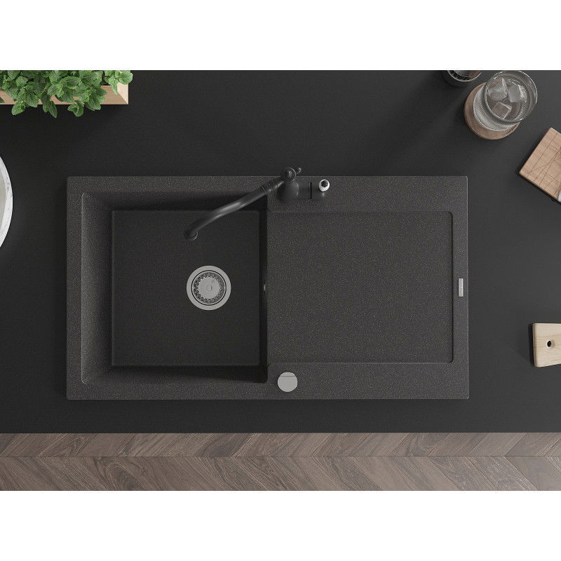 Mexen Leo гранитна мивка с 1 отделение, отцедник и кухненски смесител Carla, черно на пръски - 6501-76-670700-70