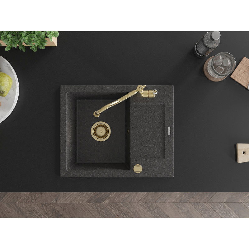 Mexen Enzo еднокоморна гранитна мивка със сушилник и кухненски смесител Carla, черен с пръски - 6506-76-670700-50