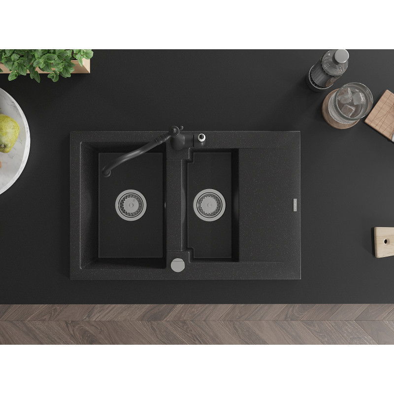 Mexen Gaspar гранитна мивка с 1,5 отделения с отцеждач и кухненски смесител Carla черен/сребърен металик - 6507-73-670700-70