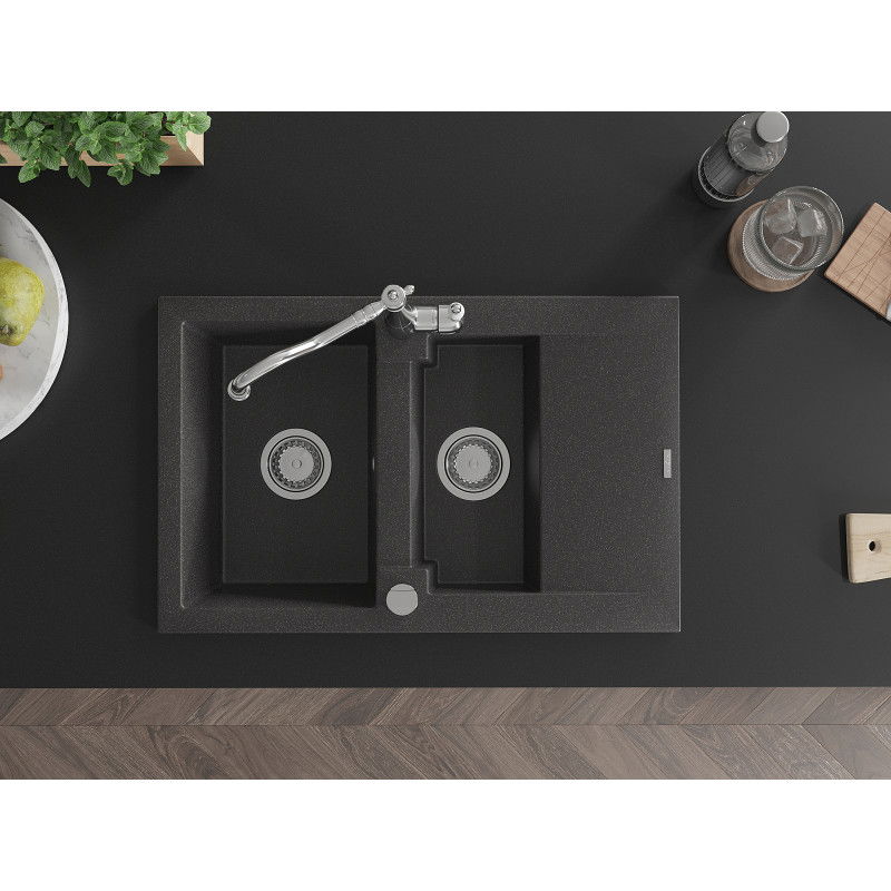 Mexen Gaspar гранитна мивка 1,5 камери с отцедник и кухненски смесител Carla, черно на точки - 6507-76-670700-00