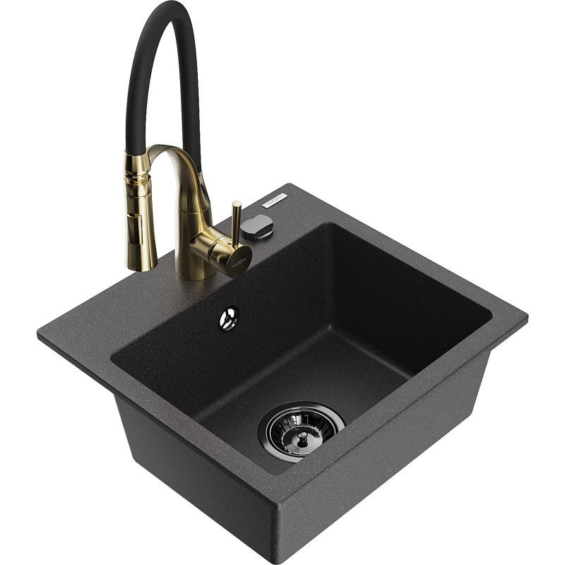 Mexen Milo гранитна мивка с 1 отделение с кухненски смесител Aster, черна на